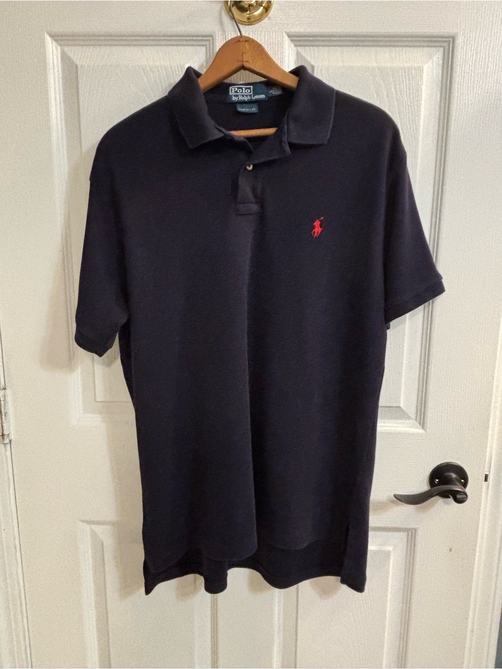 Polo by Ralph Lauren Men's Navy Custom Fit Polo Shirt with Red Pony Logo Large